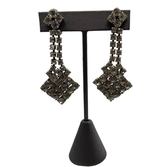 VTG  Mid Century Clear Rhinestone Dangle Drop Clip On Earrings Wedding Prom Read - Picture 3 of 10